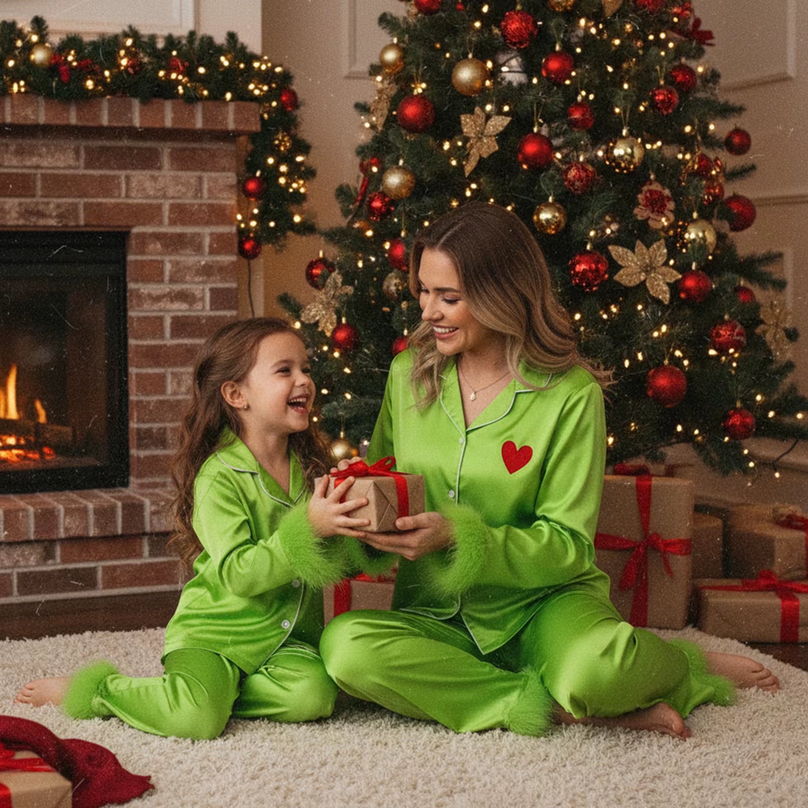 Mommy and Me Pajamas Christmas Family Matching Sleepwear Long Sleeve Lapel V Neck Button down Top+Elastic Waist Pants Loungewear