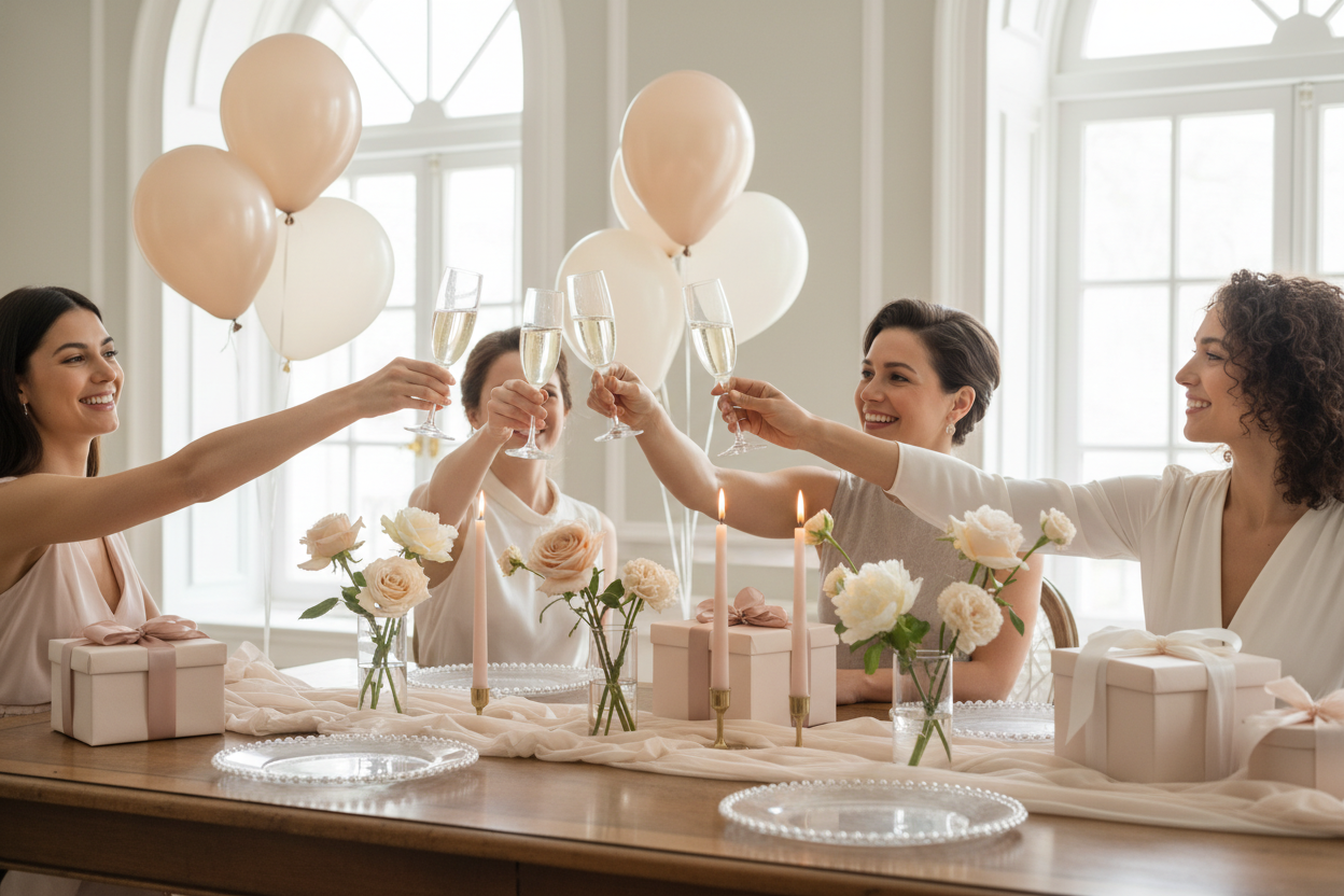 Create picture with Elegant & minimal (soft colors, luxury feel) with people smiling, with gifts, champaign glasses, baloons and other decoration accessories in the room
